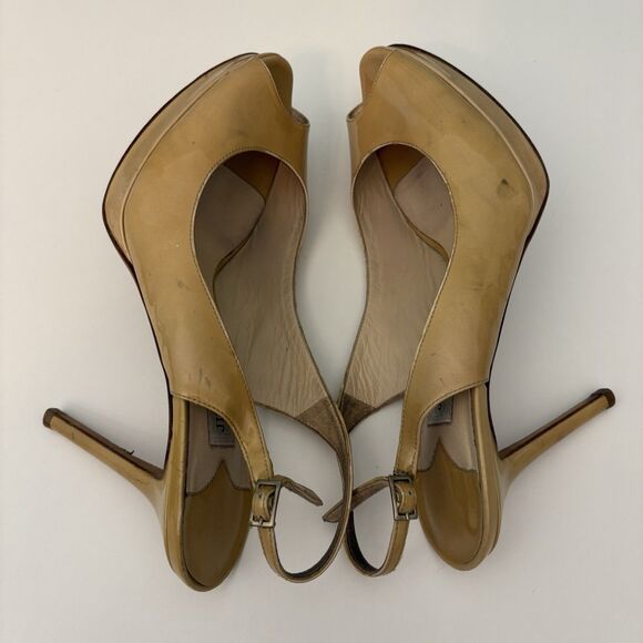 Jimmy Choo Heels Womens 39.5 Gold Glossy Leather Peep Toe Stiletto Platform - Picture 5 of 11